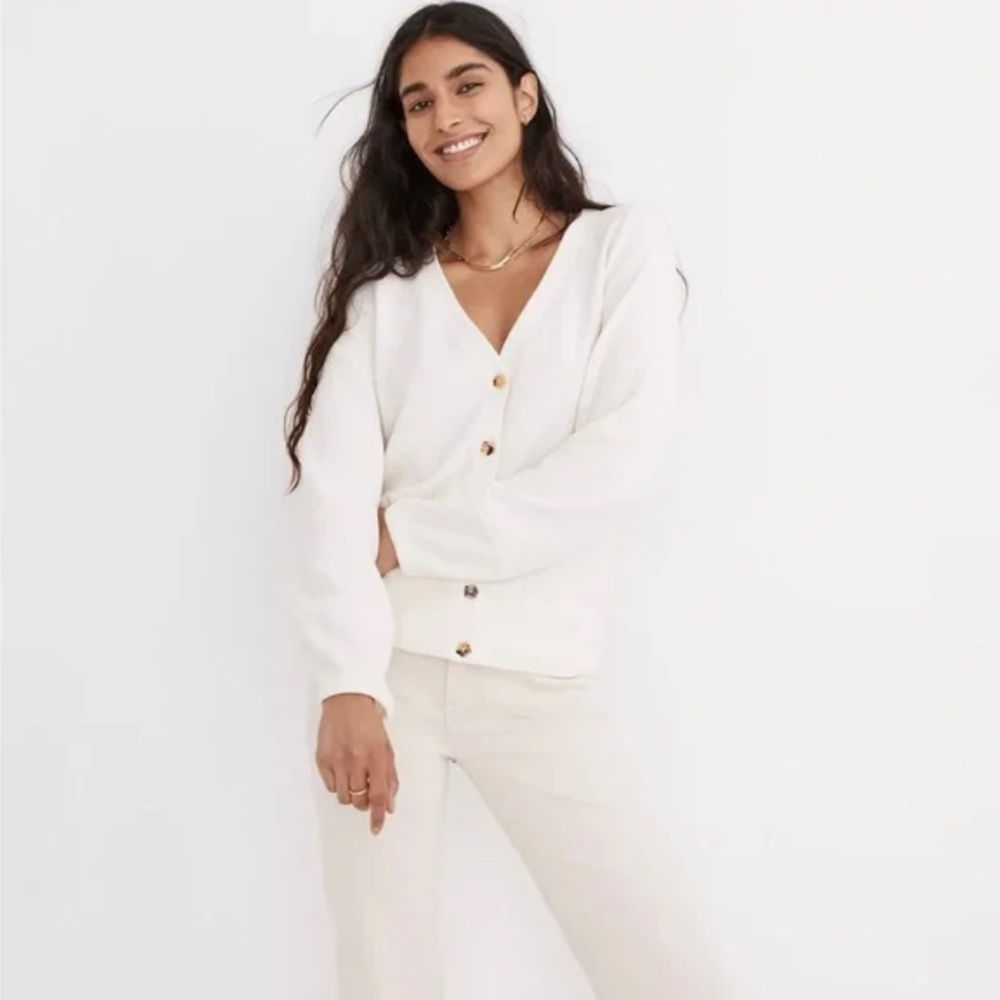 Madewell White V Neck Cardigan, Terry Cloth-like fabric